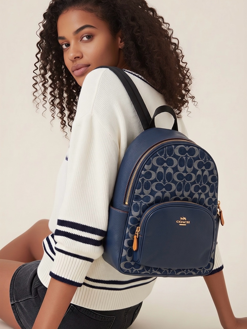 Coach Navy Signature Denim Court Backpack
